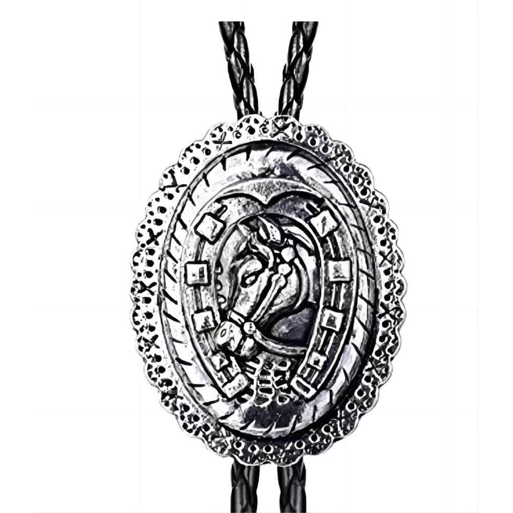 Zac's Alter Ego - Vintage Horse Pendant PU Leather Cord Western WesternKrawatte - Schwarz/Silberfarben